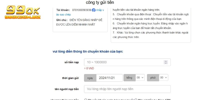 Hướng dẫn cách nạp vốn qua công ty gửi tiền