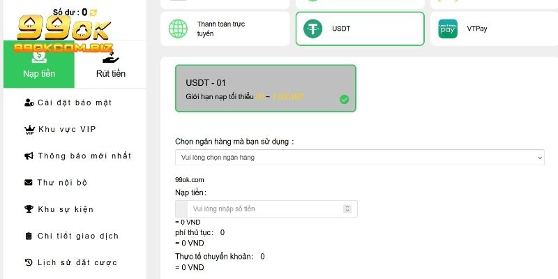 Chỉ dẫn nạp tiền 99OK qua ví ảo USDT