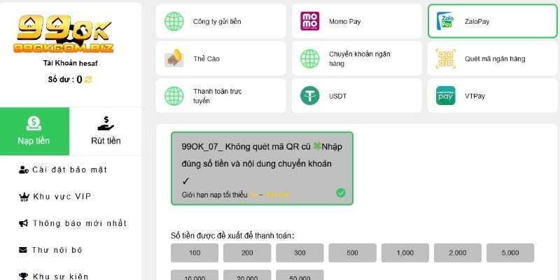 Thao tác gửi vốn cược qua ví điện tử Zalopay