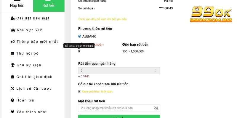 Thao tác hoàn tất thủ tục rút tiền 99OK